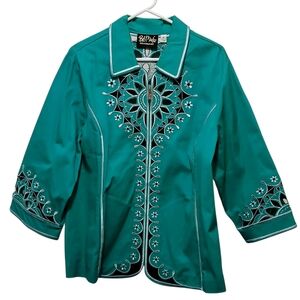 Bob Mackie Vintage XL Teal Green Embroidered Blazer 3/4 Sleeve W/ Black & Silver